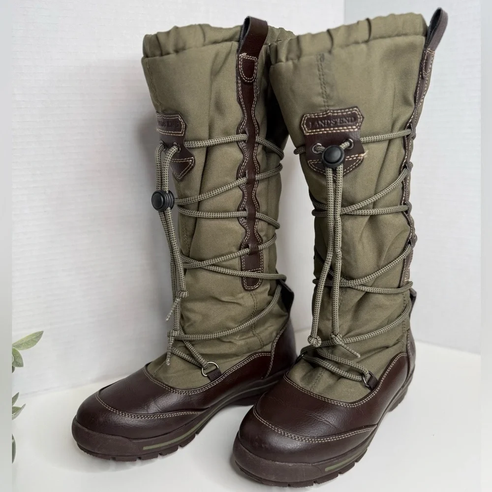 Lands End Women's Green Quilted Tall Outdoor Winter Fleece Lined Boots Size 6